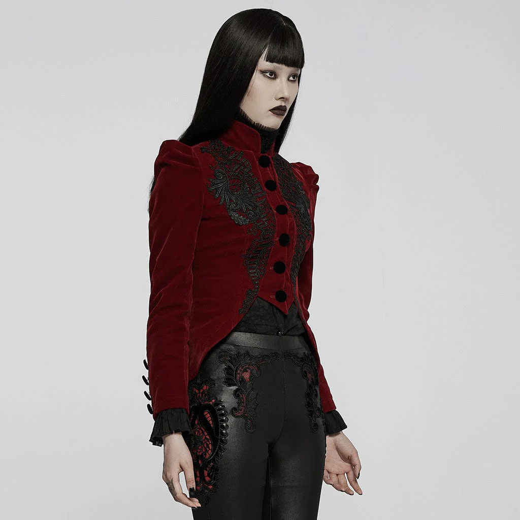 Women's Goth Floral Embroideried Puff Sleeved Velet Short Jackets - Image 5