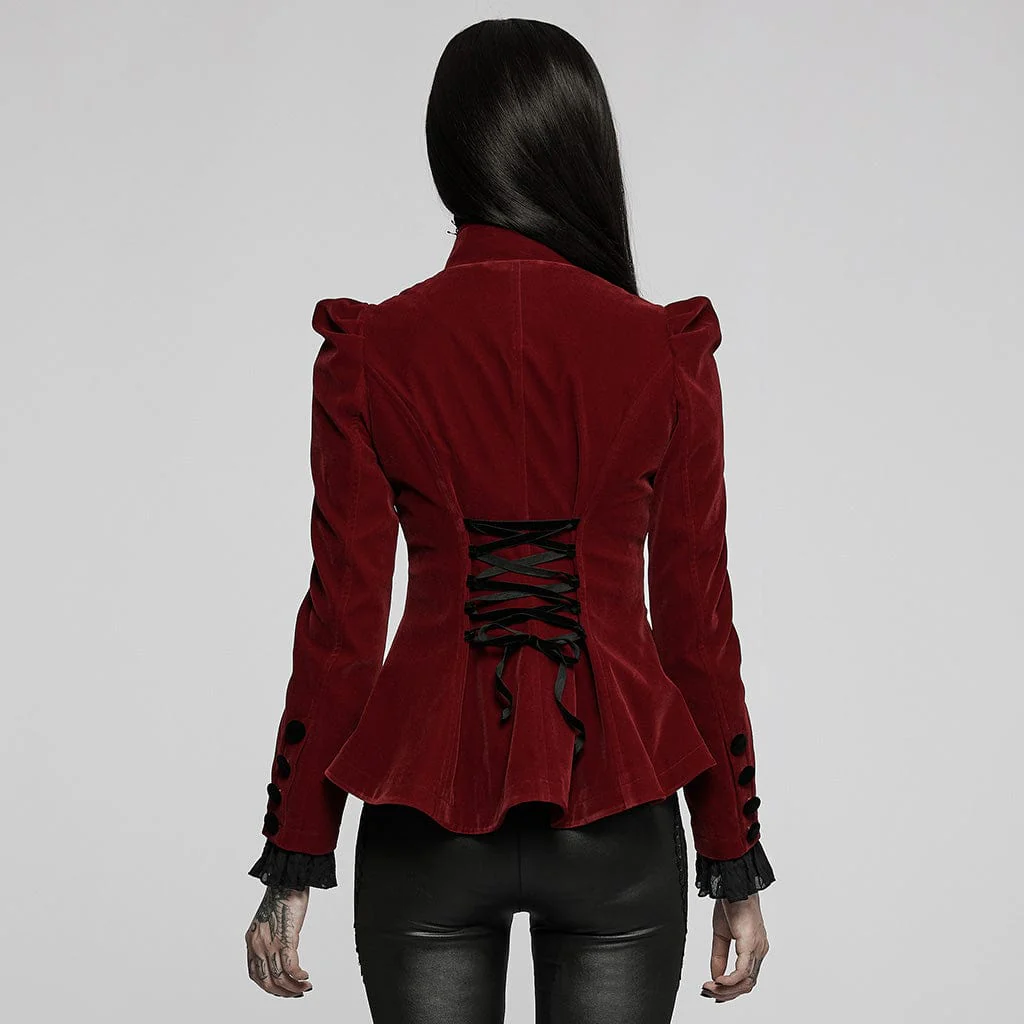 Women's Goth Floral Embroideried Puff Sleeved Velet Short Jackets - Image 6