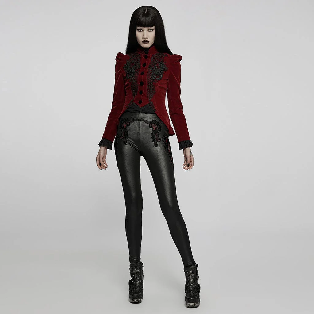 Women's Goth Floral Embroideried Puff Sleeved Velet Short Jackets - Image 8