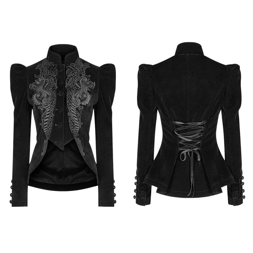 Women's Goth Floral Embroideried Puff Sleeved Velet Short Jackets - Image 9