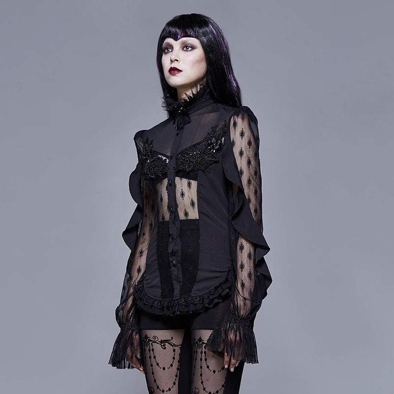 Women's Goth Floral Lace Sheer Shirt - Image 3