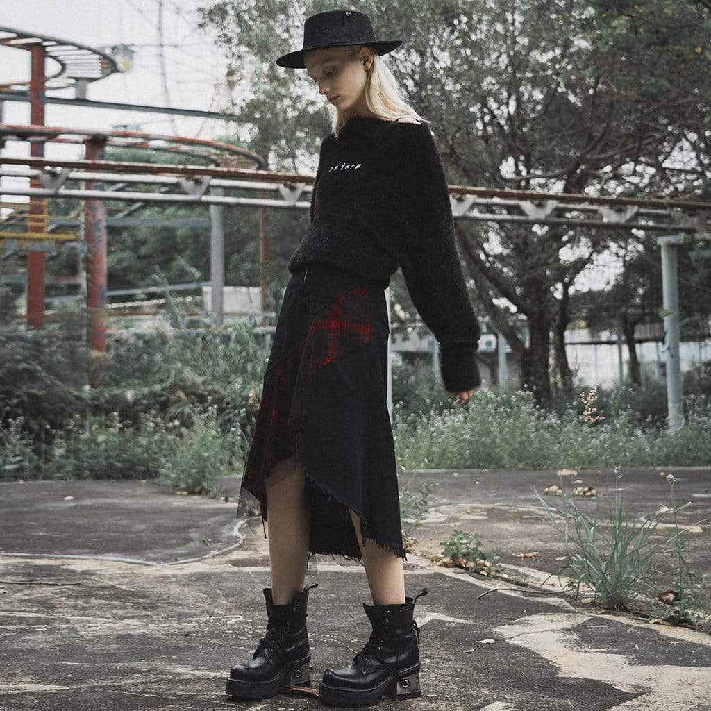 Women's Goth Front Zip High-waisted Plaid Irregular Skirt - Image 4
