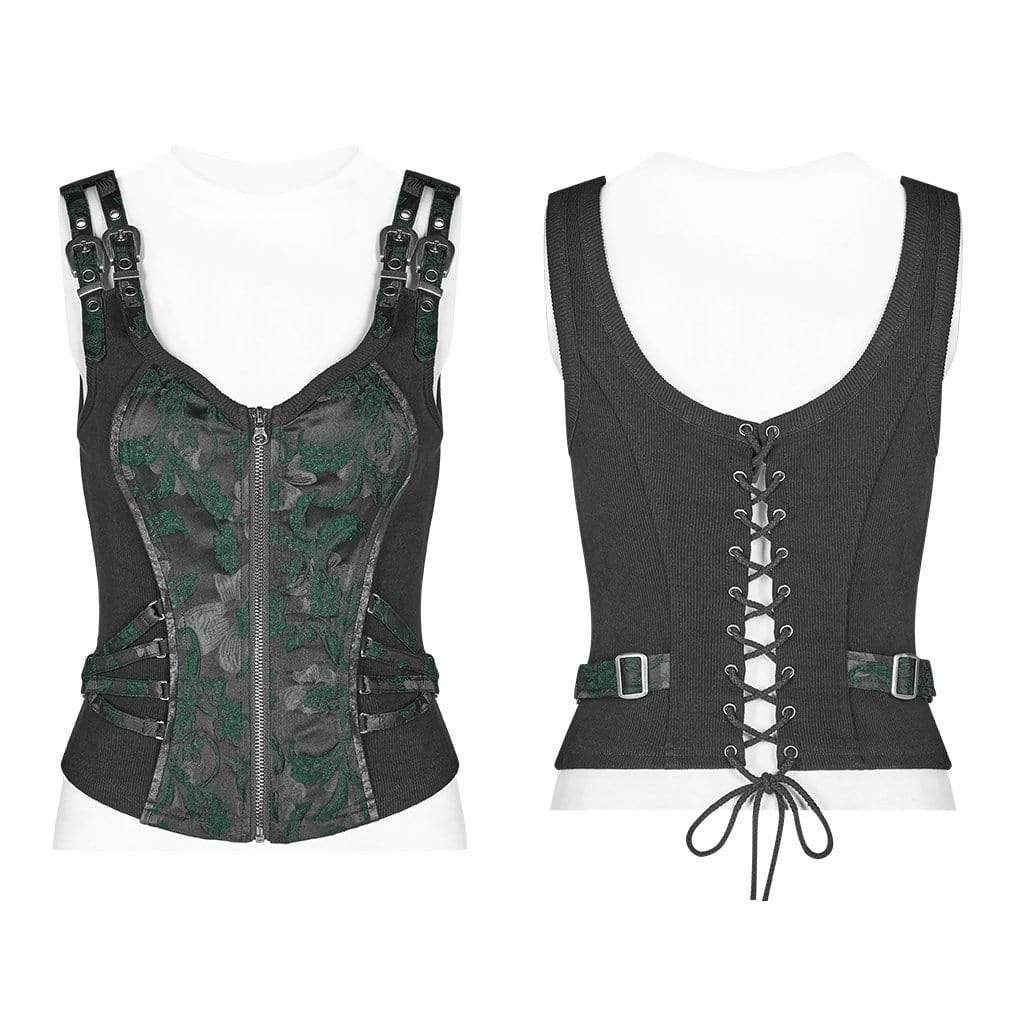 Women's Goth Front Zipper Lacing Jacquard Vest - Image 14