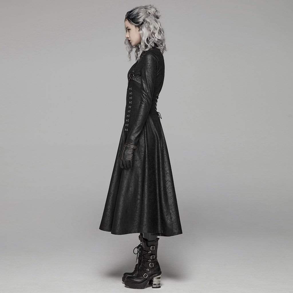 Women's Goth Front Zipper Stand Collar Maxi Overcoat - Image 3