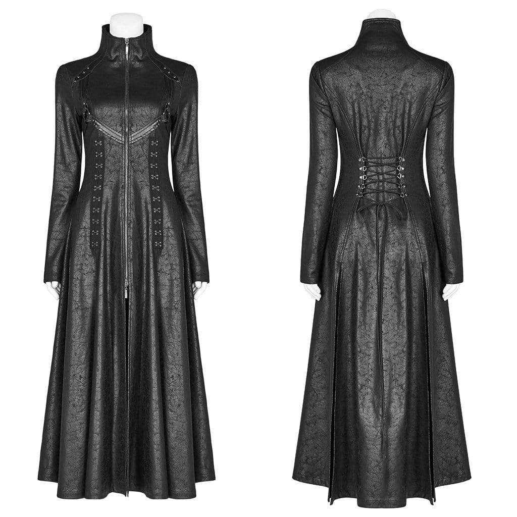 Women's Goth Front Zipper Stand Collar Maxi Overcoat - Image 5