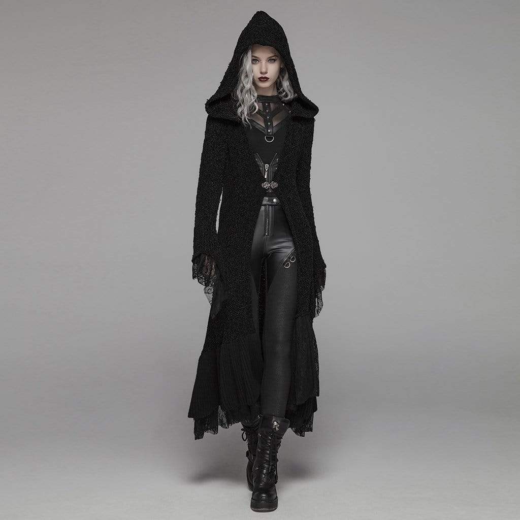 Women's Goth Multilayer Hooded Woolen Cardigan With Lace Sleeves - Image 4