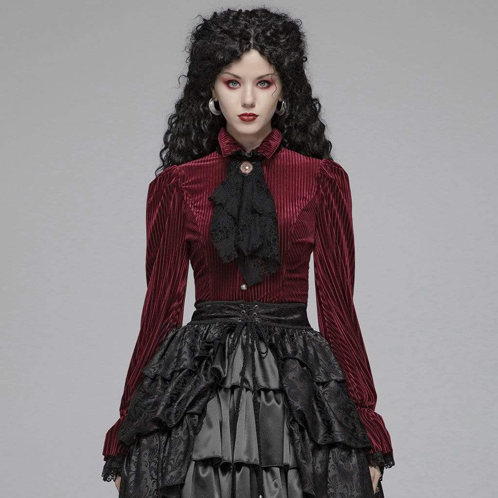 Women's Goth Pinstripes Puff Sleeves Velet Shirts - Image 13