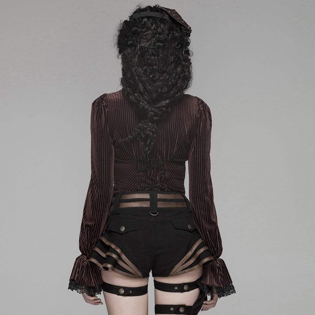 Women's Goth Pinstripes Puff Sleeves Velet Shirts - Image 7