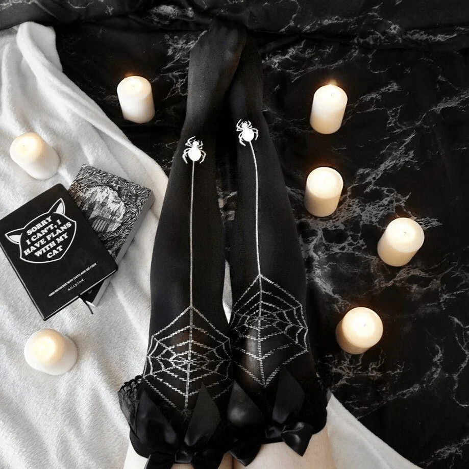 Women's Goth Spider Web Black Stockings With Bowknot