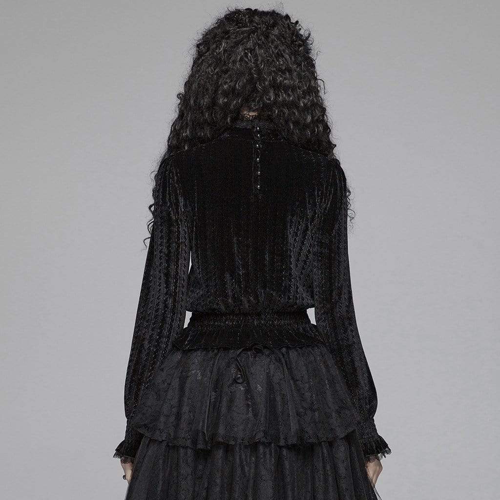 Women's Goth Stand Collar Floral Lace Velet Tops - Image 3