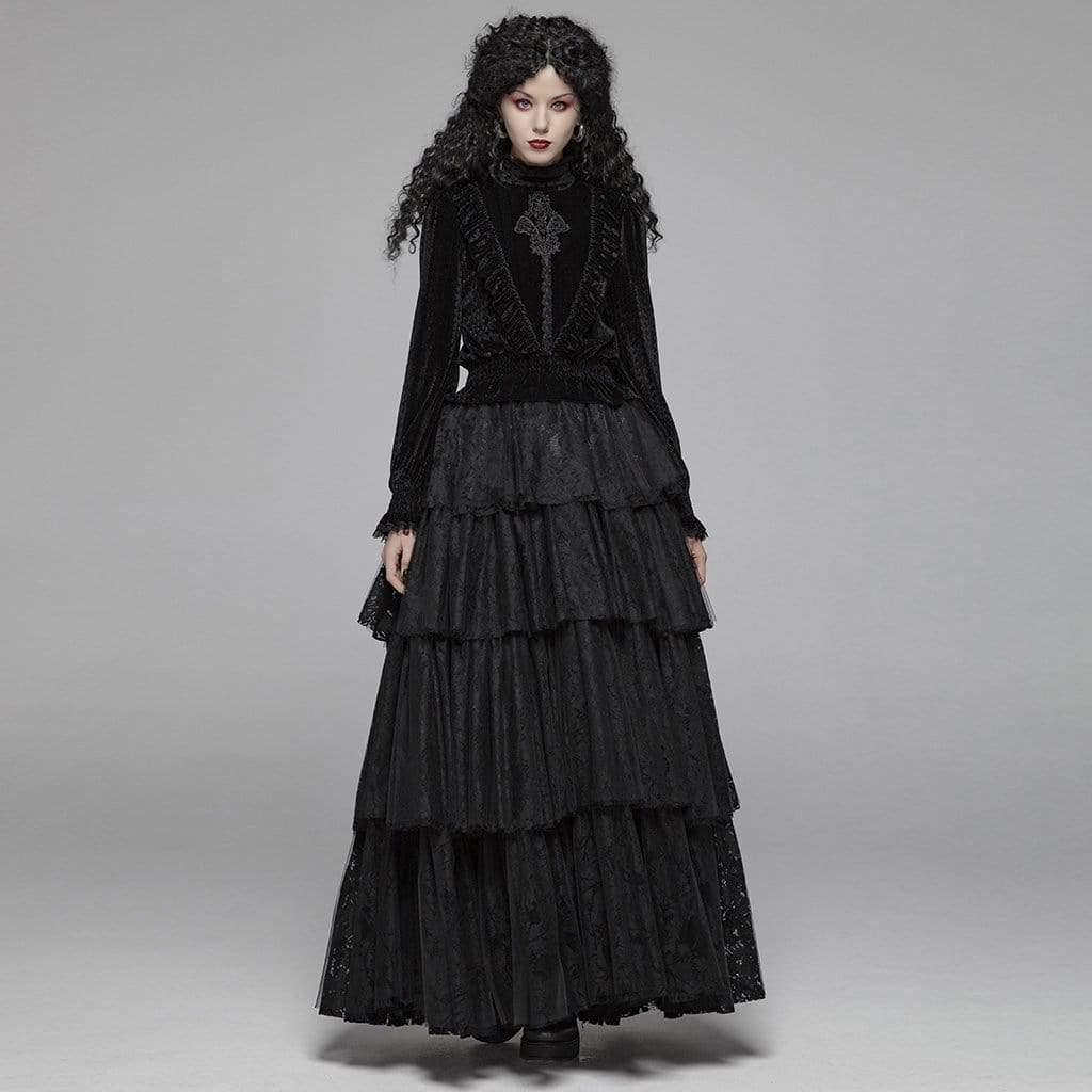 Women's Goth Stand Collar Floral Lace Velet Tops - Image 4