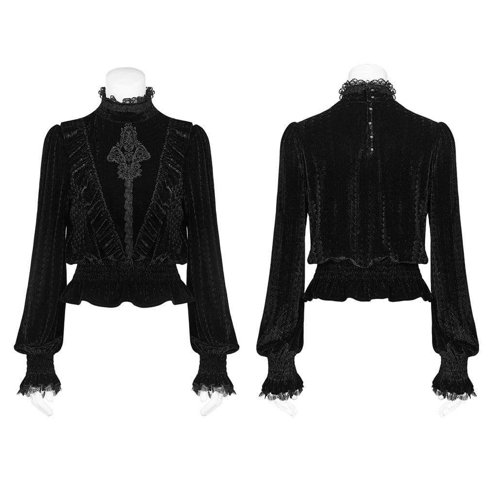 Women's Goth Stand Collar Floral Lace Velet Tops - Image 5