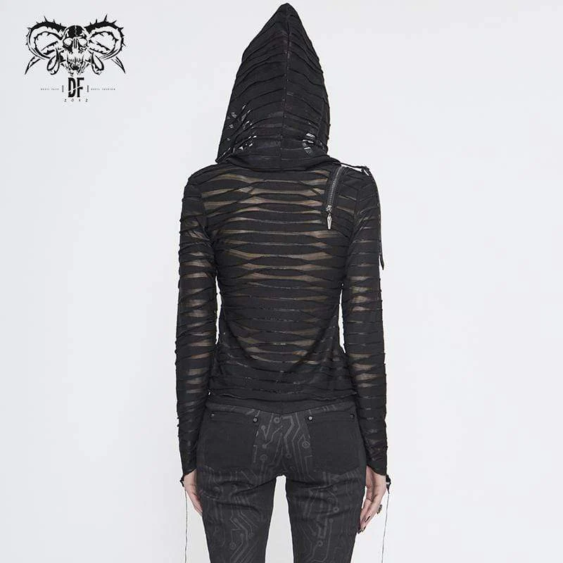 Women's Gothic Asymmetrical Sheer Long Sleeved Tops with Hood - Image 3