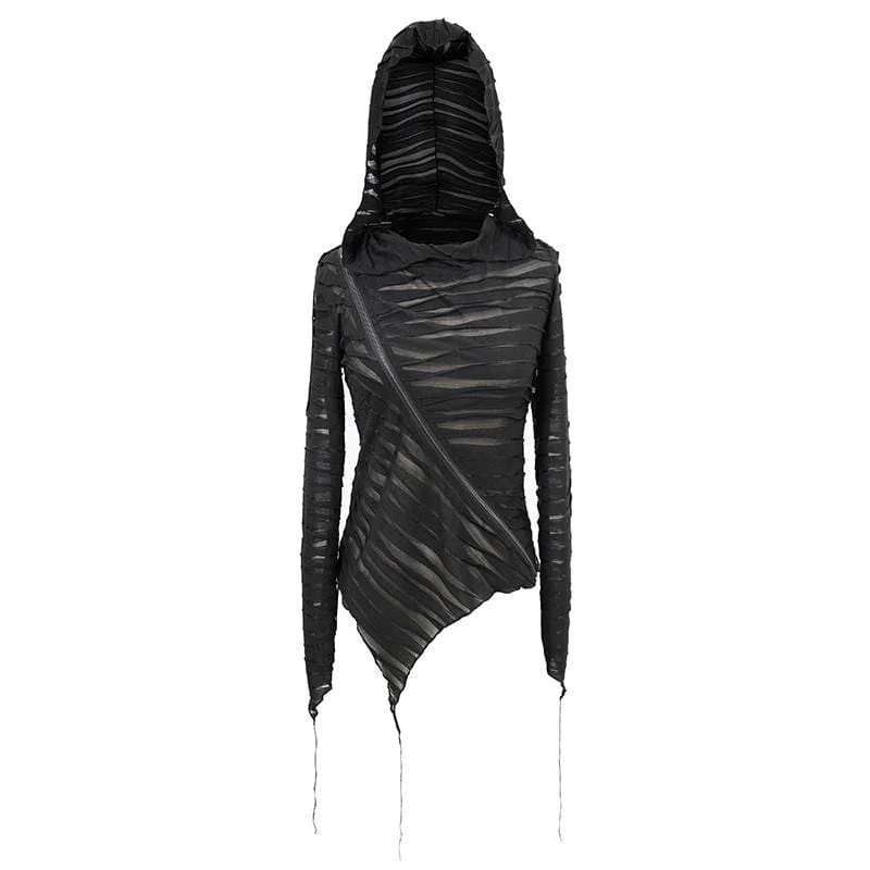 Women's Gothic Asymmetrical Sheer Long Sleeved Tops with Hood - Image 4