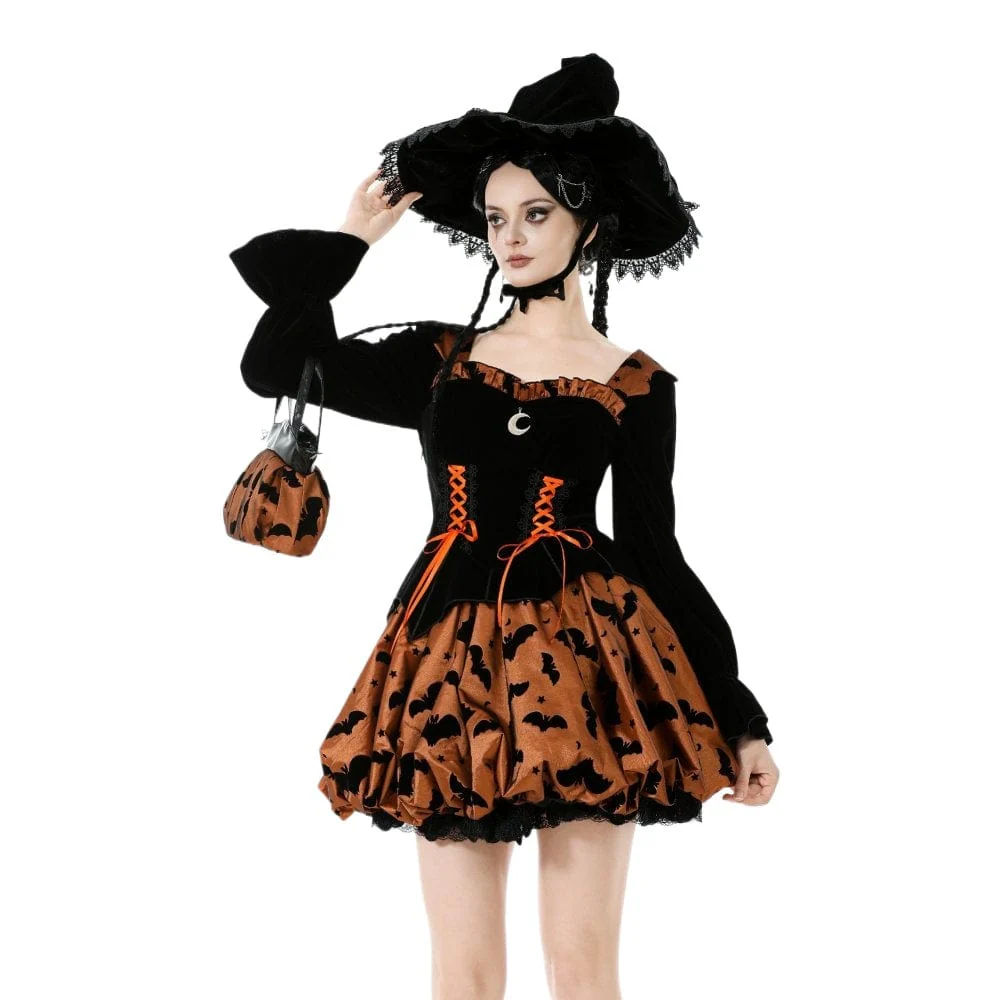Women's Gothic Bat Printed Lace-up Pumpkin Halloween Dress - Image 2