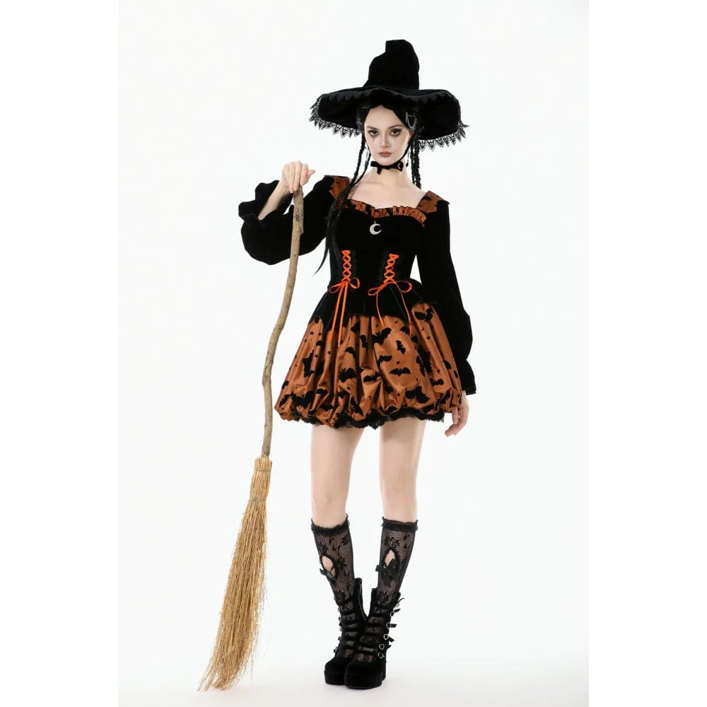 Women's Gothic Bat Printed Lace-up Pumpkin Halloween Dress - Image 4