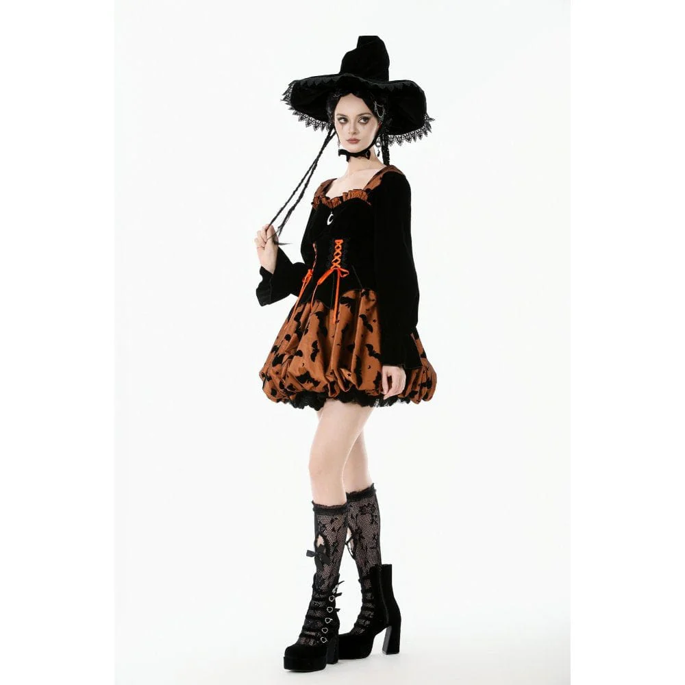 Women's Gothic Bat Printed Lace-up Pumpkin Halloween Dress - Image 9
