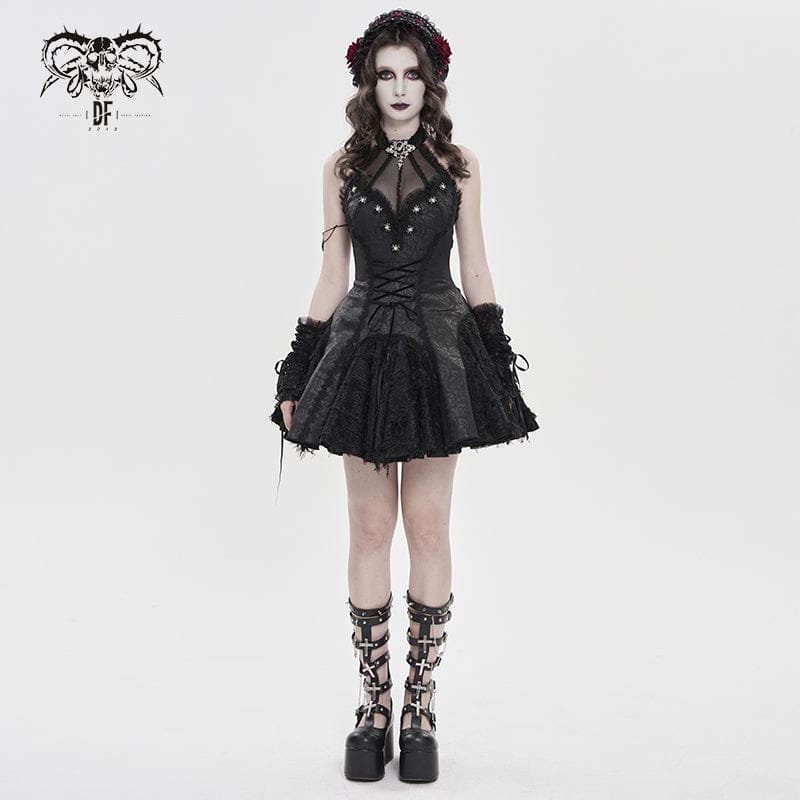Women's Gothic Bat Spider Lace-up Halterneck Dress Black