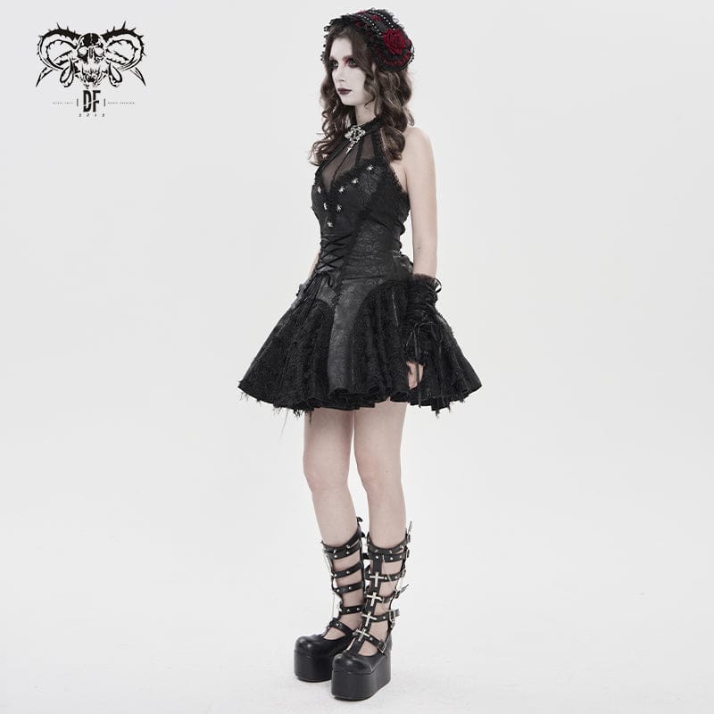 Women's Gothic Bat Spider Lace-up Halterneck Dress Black - Image 4