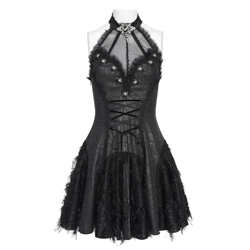 Women's Gothic Bat Spider Lace-up Halterneck Dress Black - Image 6