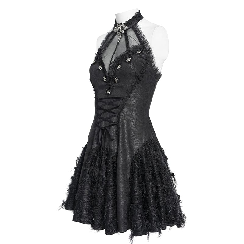 Women's Gothic Bat Spider Lace-up Halterneck Dress Black - Image 7