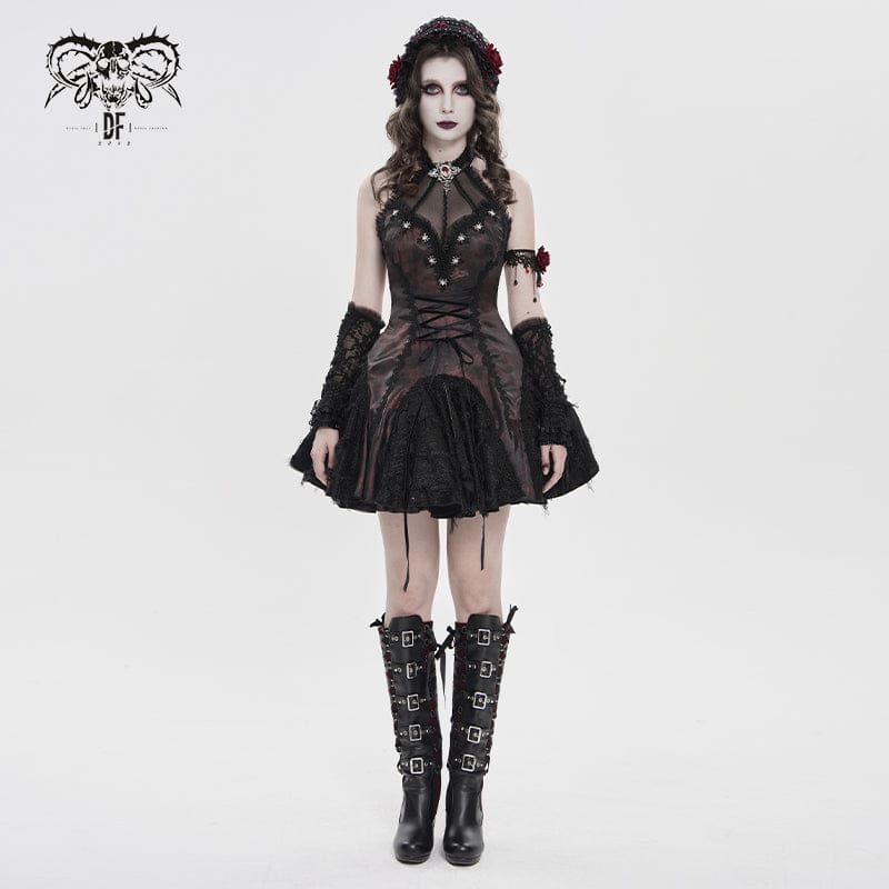 Women's Gothic Bat Spider Lace-up Halterneck Dress Black-Red