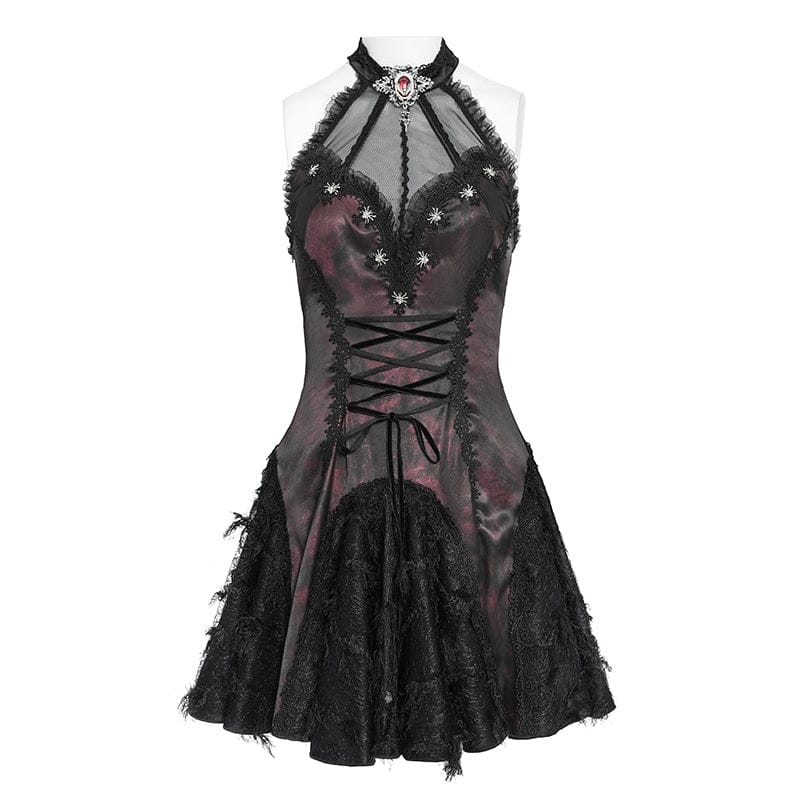 Women's Gothic Bat Spider Lace-up Halterneck Dress Black-Red - Image 6