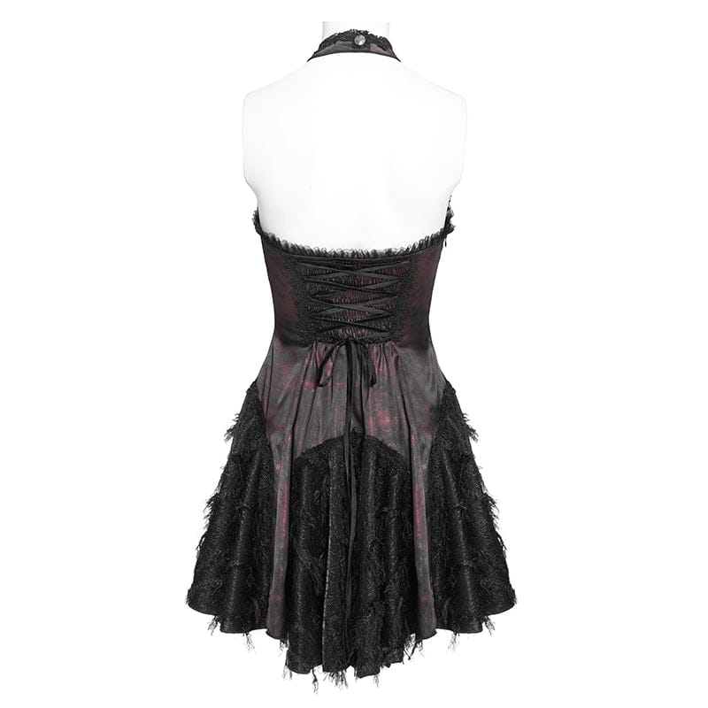 Women's Gothic Bat Spider Lace-up Halterneck Dress Black-Red - Image 8