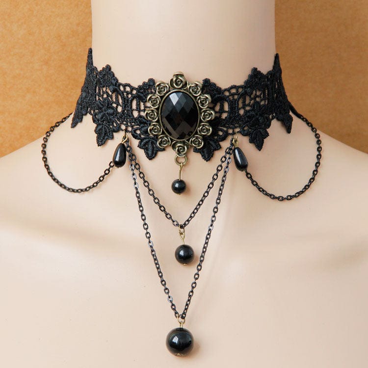 Women's Gothic Bead Lace Choker with Chain - Image 3