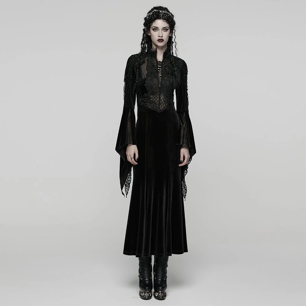 Women's Gothic Beaded Flare Sleeved Maxi Dress Witch Dress Wedding Dress