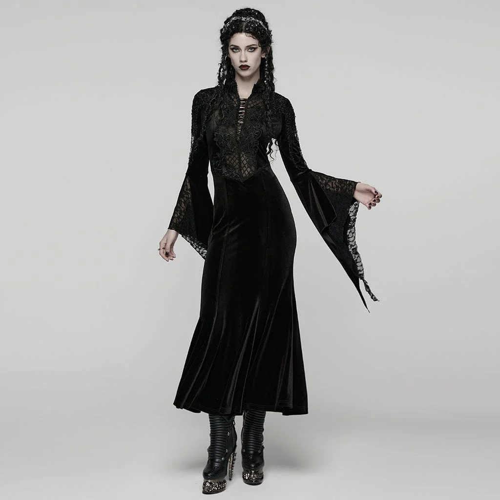 Women's Gothic Beaded Flare Sleeved Maxi Dress Witch Dress Wedding Dress - Image 2
