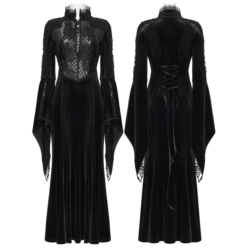 Women's Gothic Beaded Flare Sleeved Maxi Dress Witch Dress Wedding Dress - Image 4