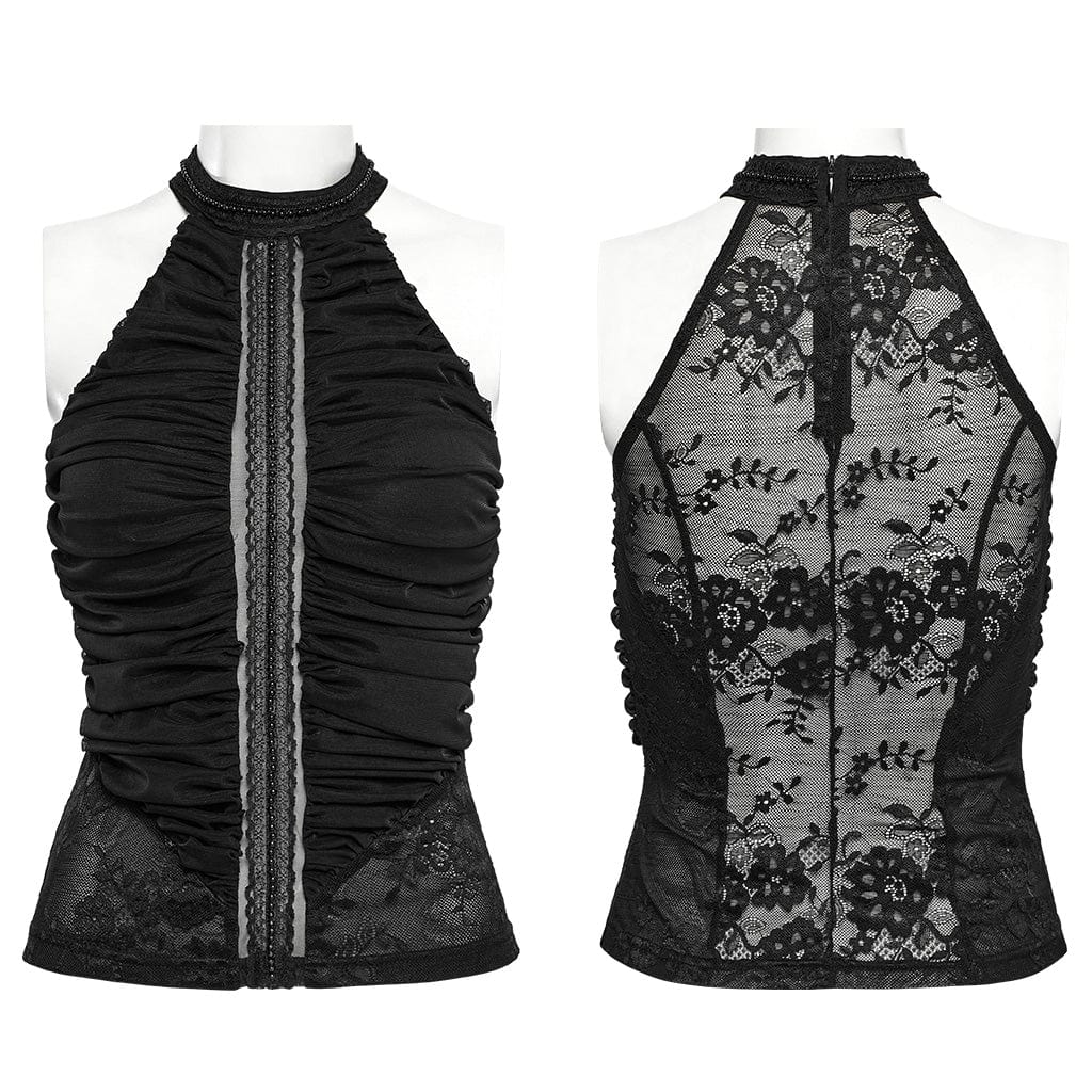 Women's Gothic Beaded Ruched Lace Halter Neck Top - Image 5