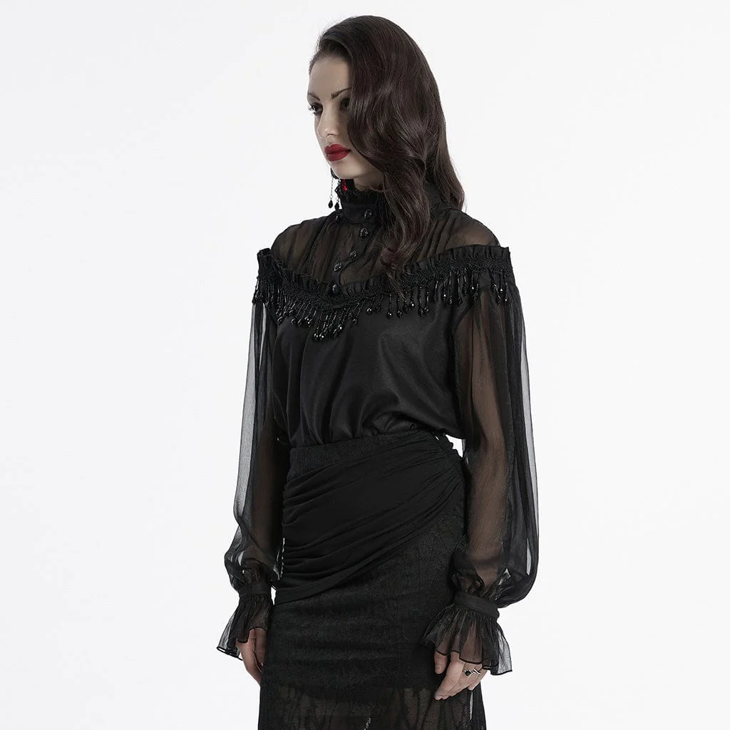 Women's Gothic Beaded Ruffled Sheer Mesh Shirt - Image 2