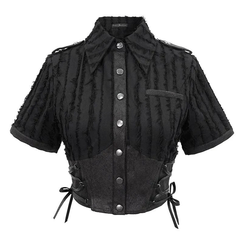 Women's Gothic Black Collared Short Shirts - Image 4