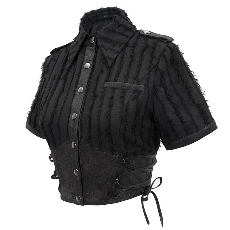 Women's Gothic Black Collared Short Shirts - Image 5
