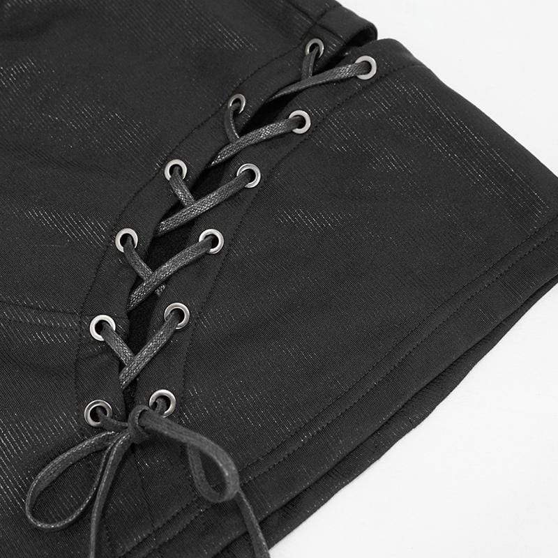 Women's Gothic Black Faux Leather and Lacing Detailed Short Skirts - Image 5