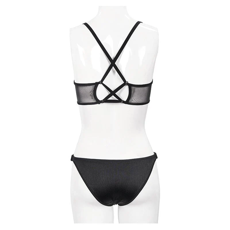 Women's Gothic Black Net Overlay Triangle Bikini - Image 8
