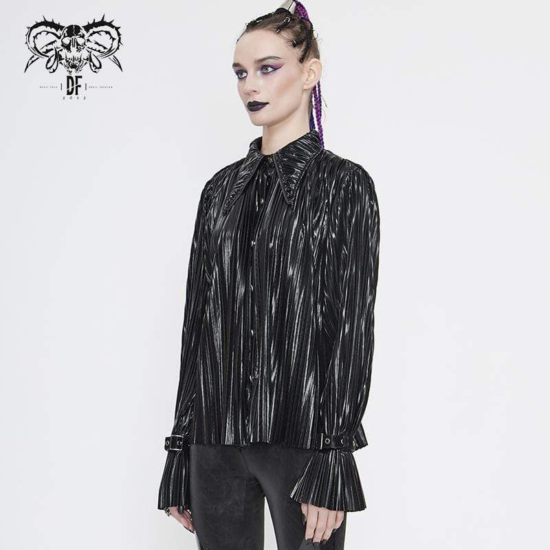 Women's Gothic Black Shimmer Long Ruffle Sleeved Shirts - Image 2