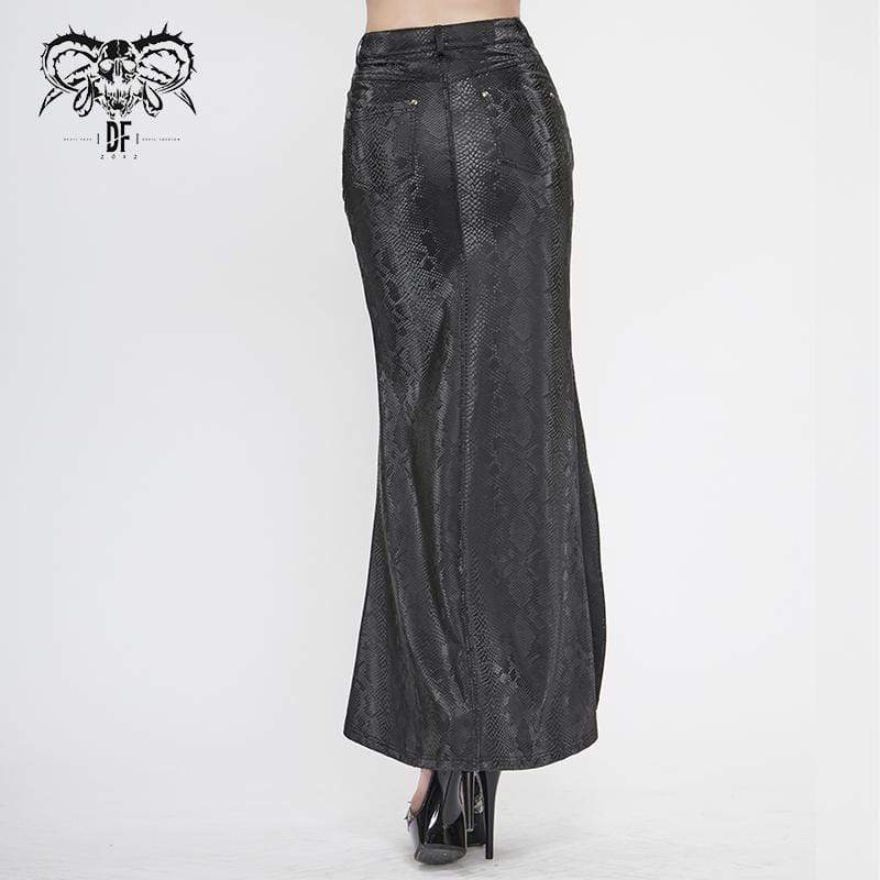 Women's Gothic Black Snakeskin Side Slits Maxi Skirts - Image 3