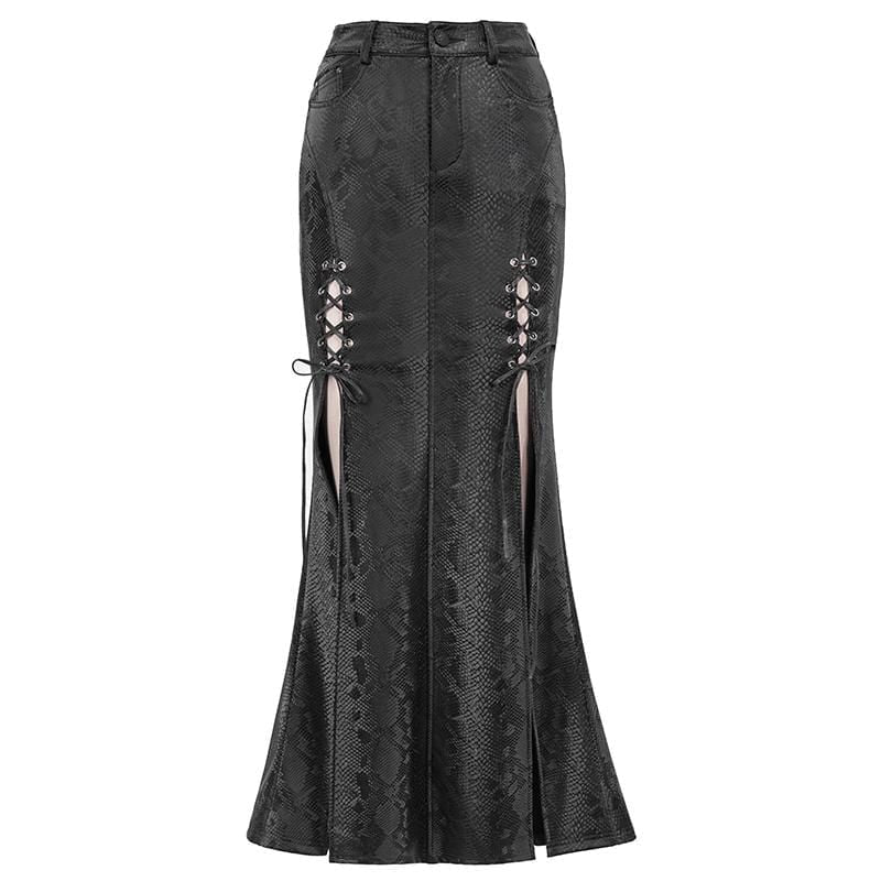 Women's Gothic Black Snakeskin Side Slits Maxi Skirts - Image 4