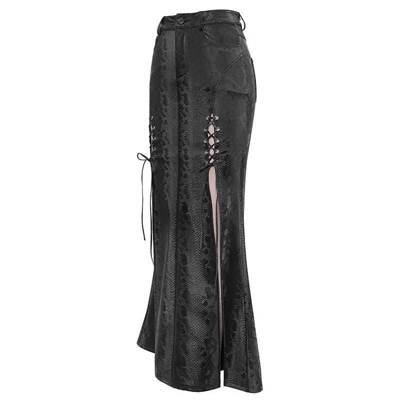 Women's Gothic Black Snakeskin Side Slits Maxi Skirts - Image 5