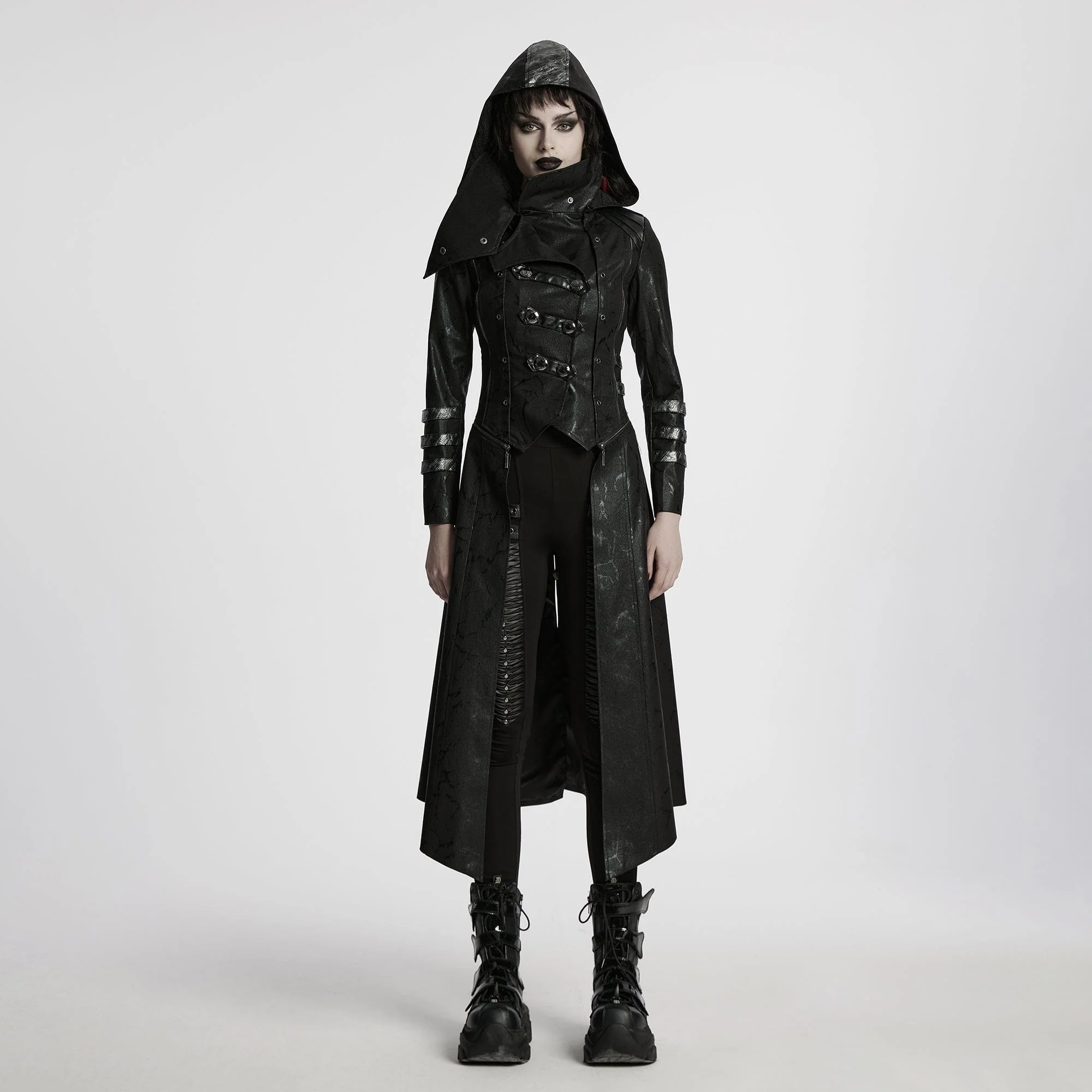 Women's Gothic Black Stretch Twill Fabric Chef Faux Leather Coat