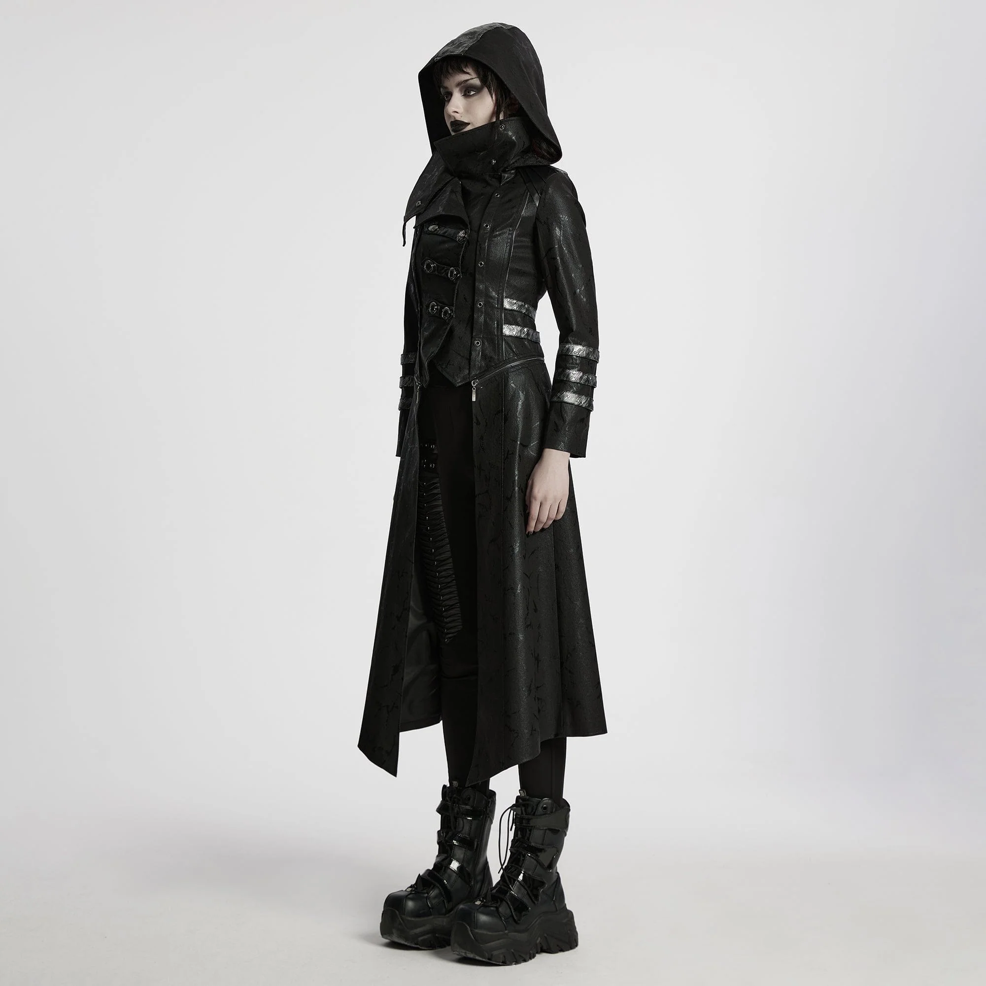 Women's Gothic Black Stretch Twill Fabric Chef Faux Leather Coat - Image 2