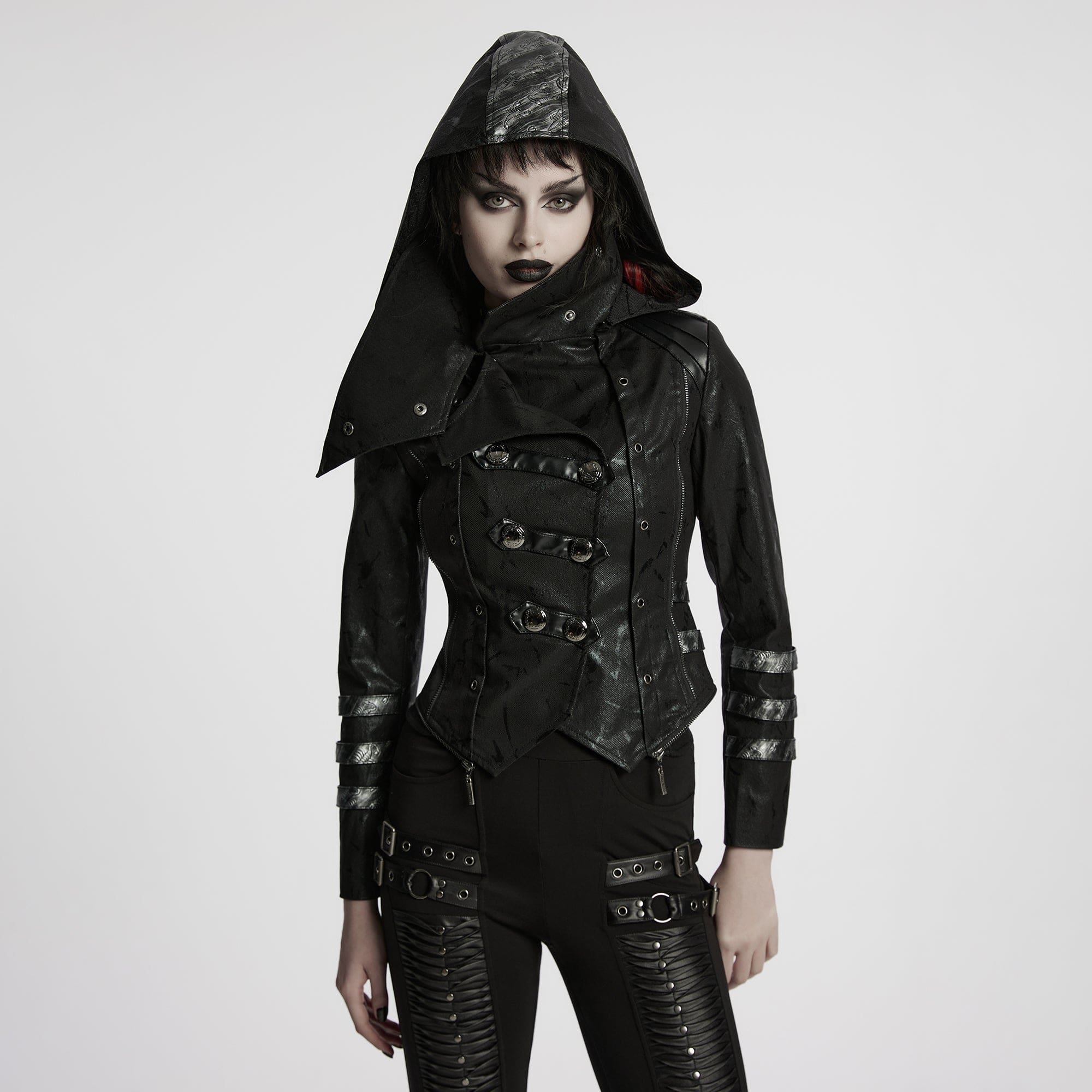 Women's Gothic Black Stretch Twill Fabric Chef Faux Leather Coat - Image 4