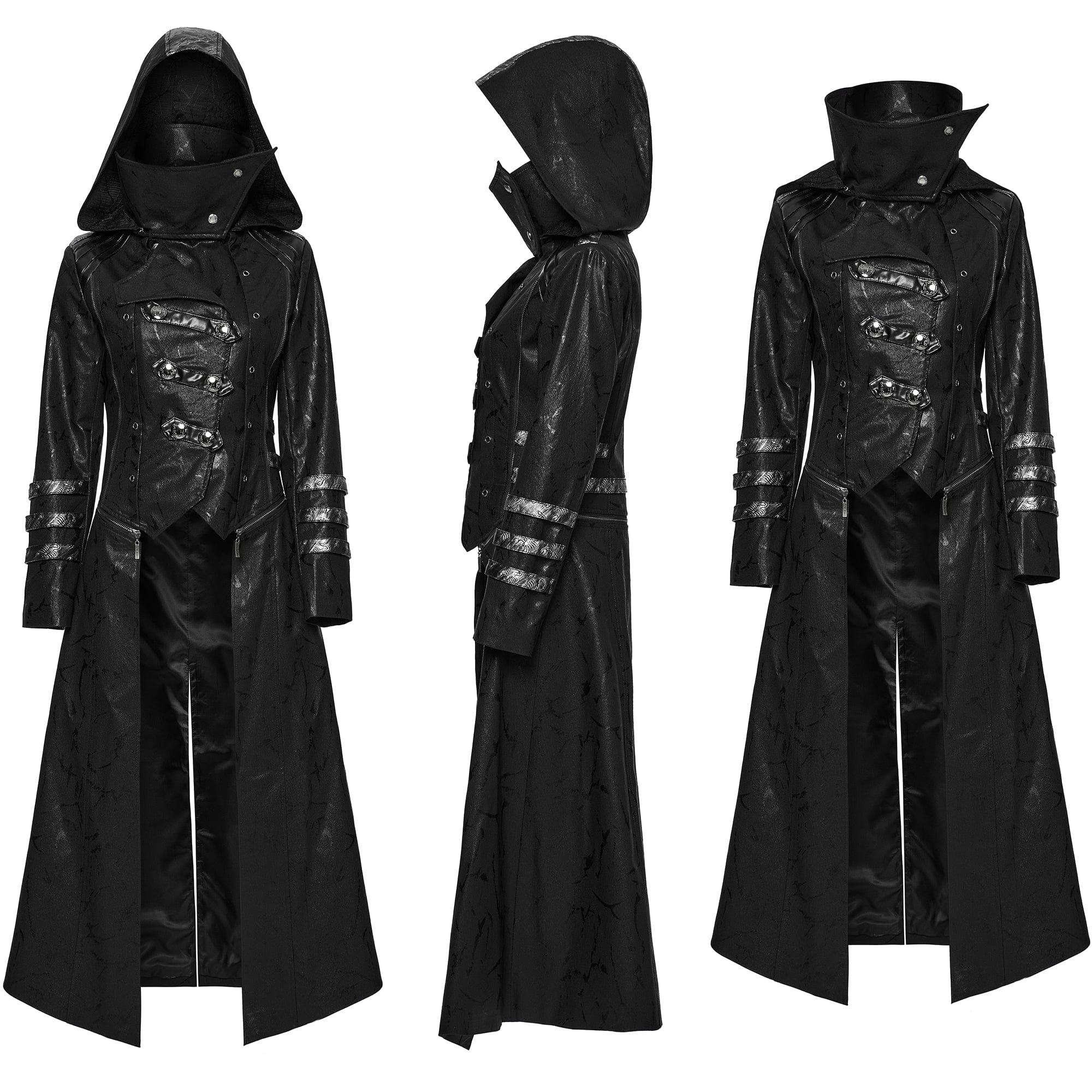 Women's Gothic Black Stretch Twill Fabric Chef Faux Leather Coat - Image 5
