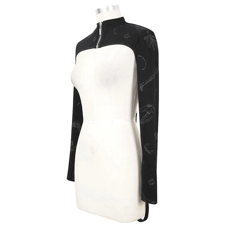 Women's Gothic Bone Printed Strappy Zipper Cape - Image 5