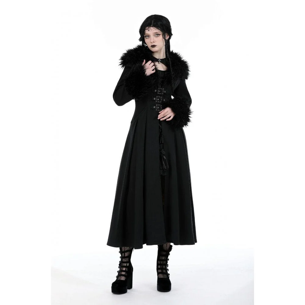 Women's Gothic Buckle Draped Coat with Faux Fur Collar - Image 4