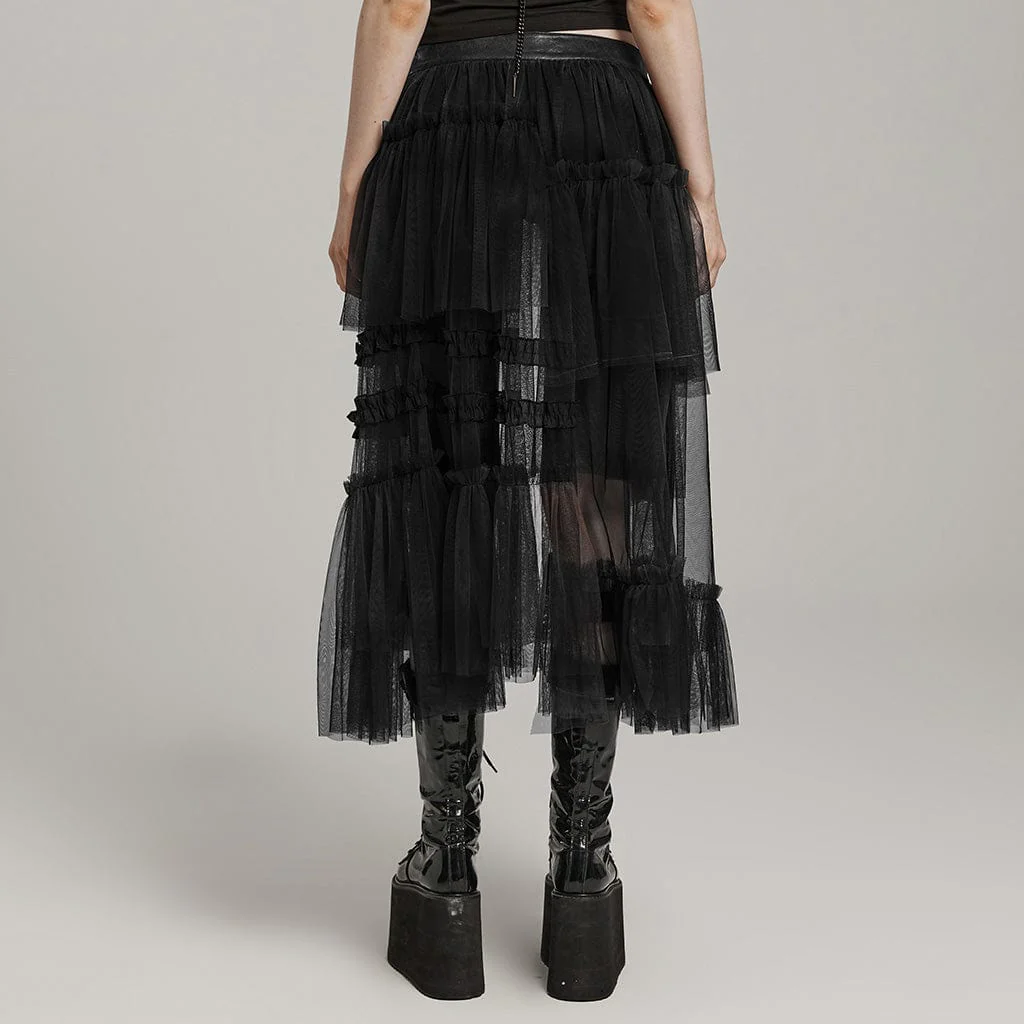 Women's Gothic Buckle Ruffled Mesh Long Overskirt Black - Image 3