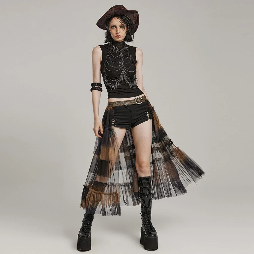 Women's Gothic Buckle Ruffled Mesh Long Overskirt Black-Coffee - Image 4